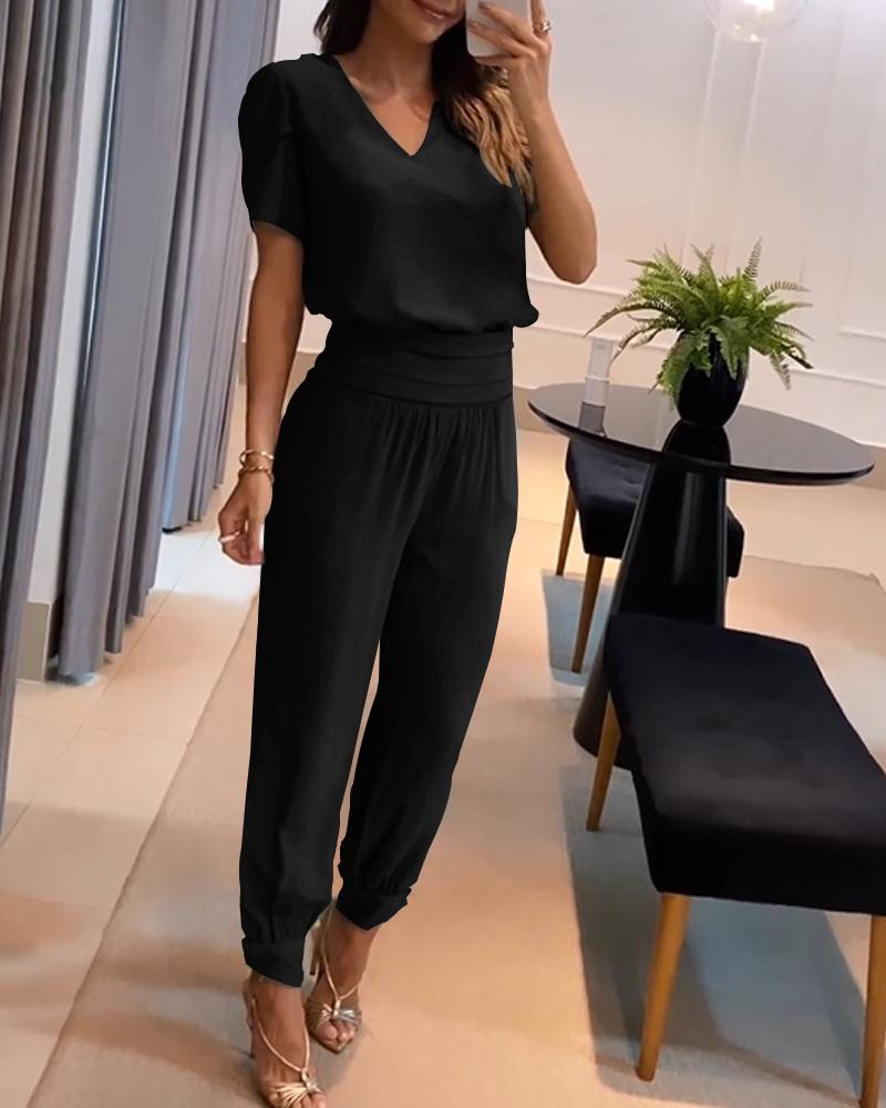 

Puff Sleeve Top & High Waist Cuffed Pants Set, Black