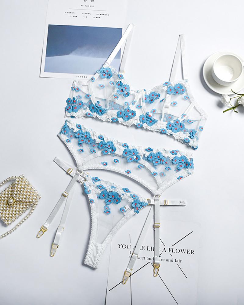 

Floral Pattern Sheer Mesh Garter Lingerie Set, Blue