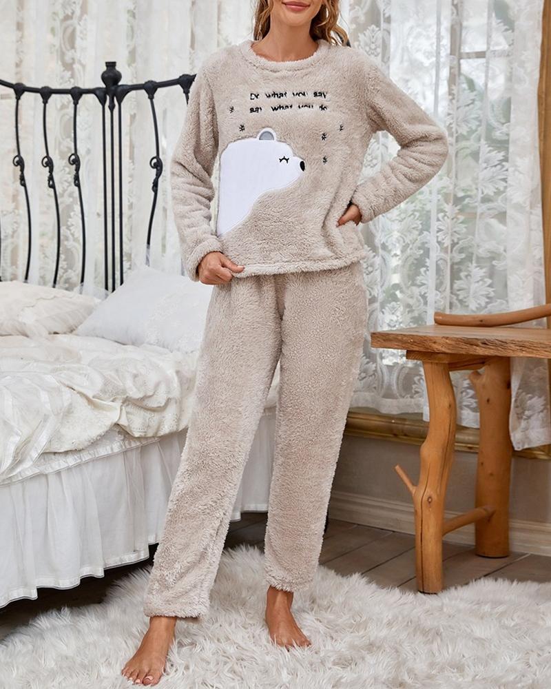 

Letter Cartoon Embroidery Fluffy Pajamas Set, Apricot