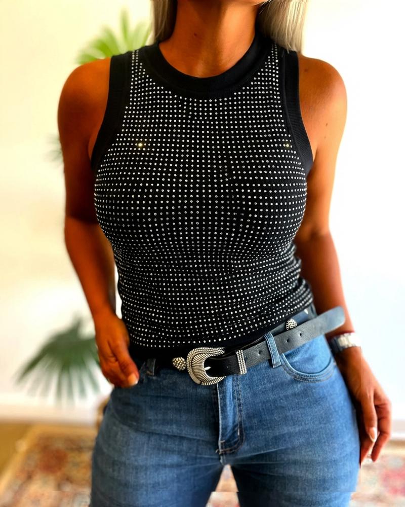 

Camiseta regata de malha sem mangas com decote redondo e detalhes em strass, Black