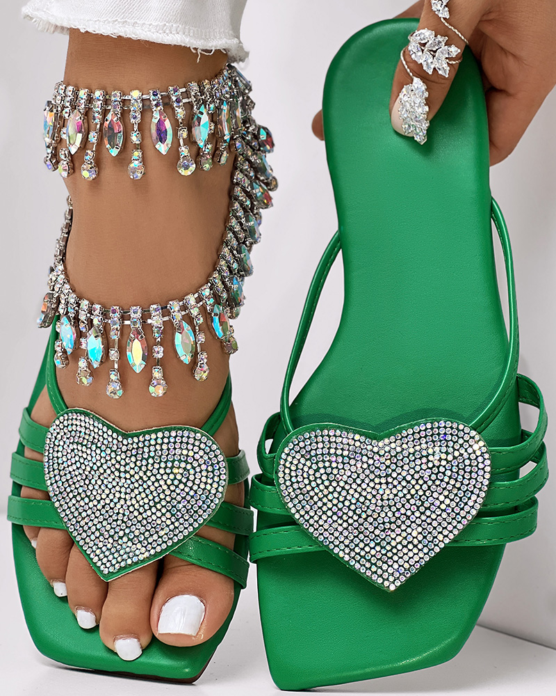 

Pantuflas con decoración de diamantes de imitación y estampado de corazones, Green