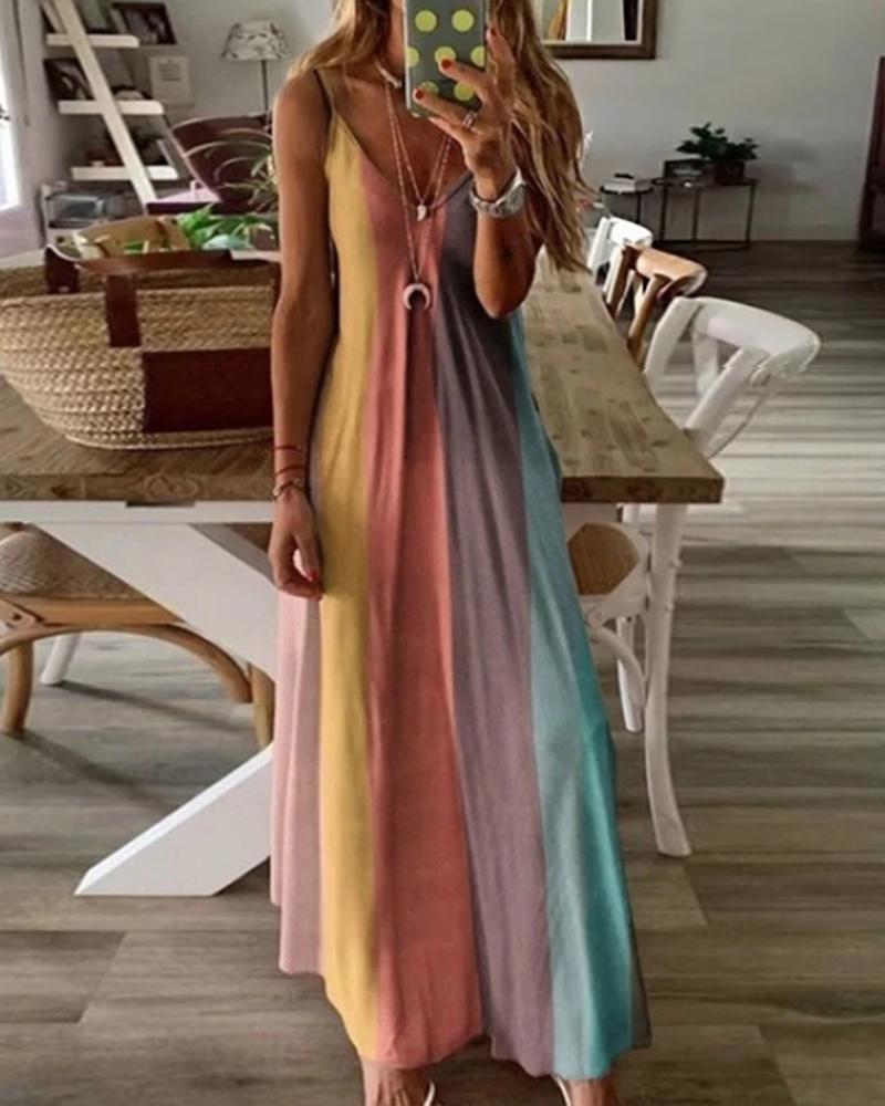 

Rainbow Print V-neck Cami Straight Long Dress, Pink