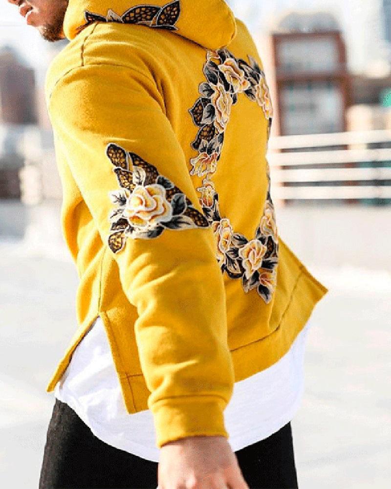 

Men Floral Embroidery Long Sleeve Hooded Sweatshirt, Yellow