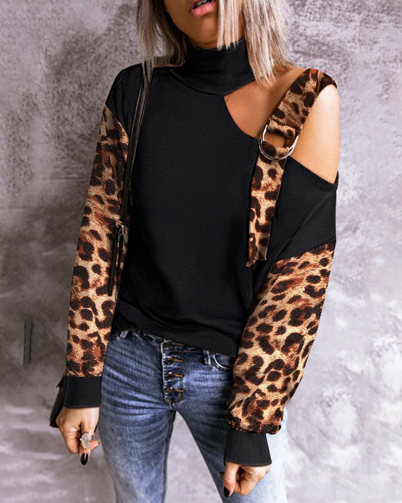 

Leopard Print Colorblock Cutout Buckle One Shoulder Tee