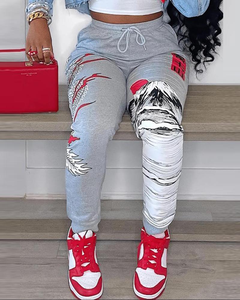 

Graphic Print Casual Drawstring Sweatpants, Gray