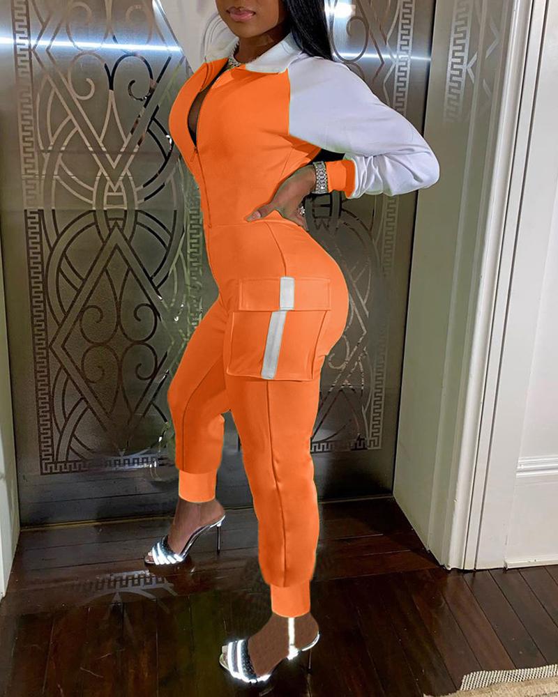 

Colorblock Long Sleeve Skinny Jumpsuit With Pockets, Orange