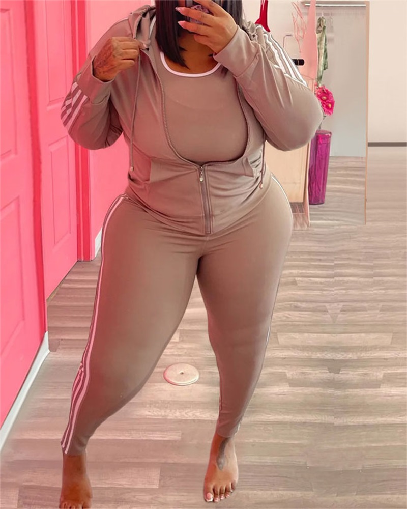 

Plus Size Contrast Paneled Zip Up Hooded Top & Pants Set, Khaki