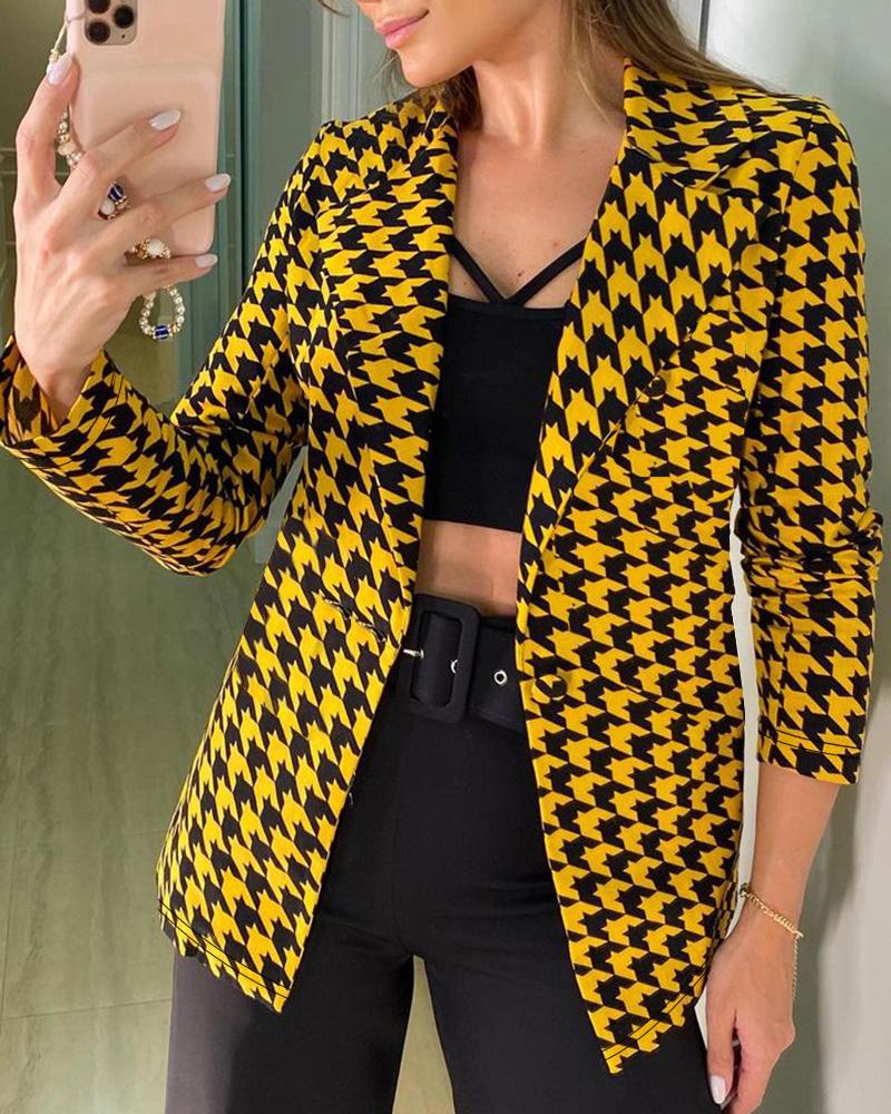 

Long Sleeve Houndstooth Print Buttoned Blazer Coat, Yellow