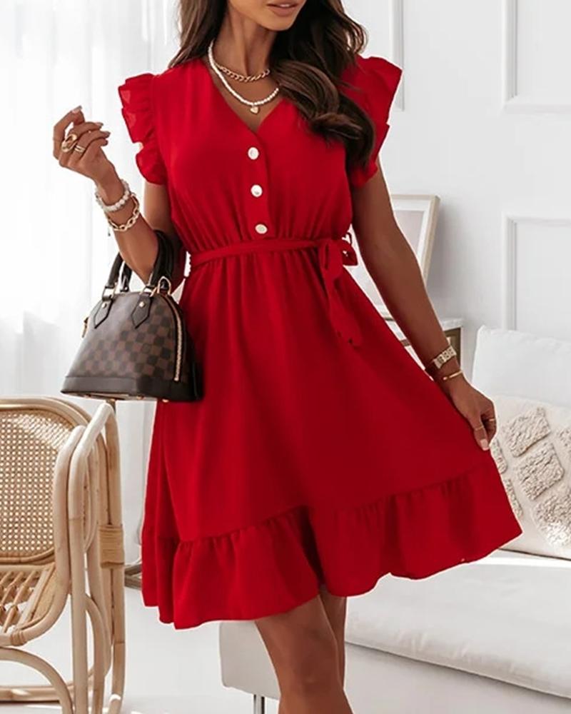 

Solid Color V-Neck Ruffle Hem Self Tie Dress, Red