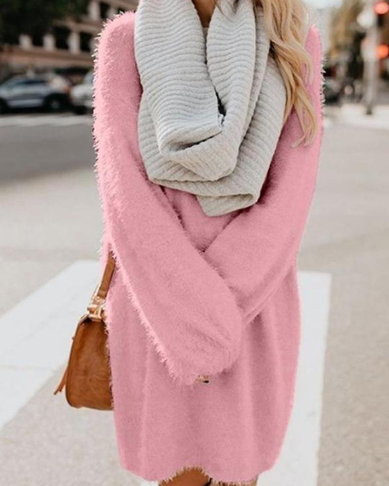 

Solid Color Medium Length Loose Knitting Sweater, Pink