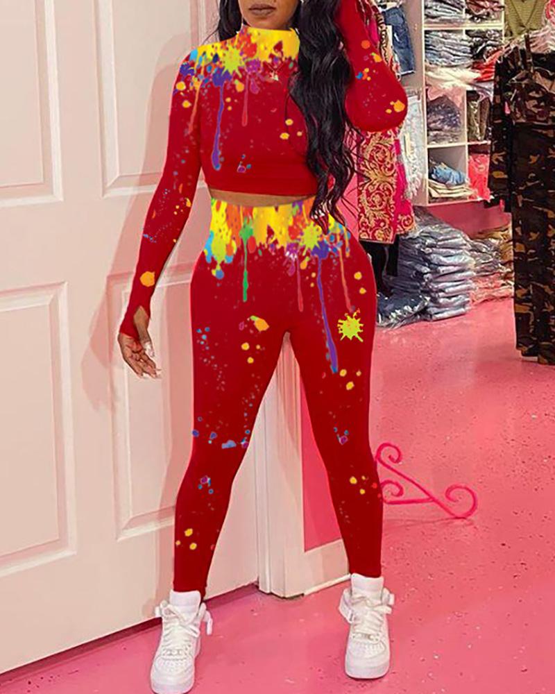 

Splash-ink Long Sleeve Crop Top & High Waist Pants Set, Red