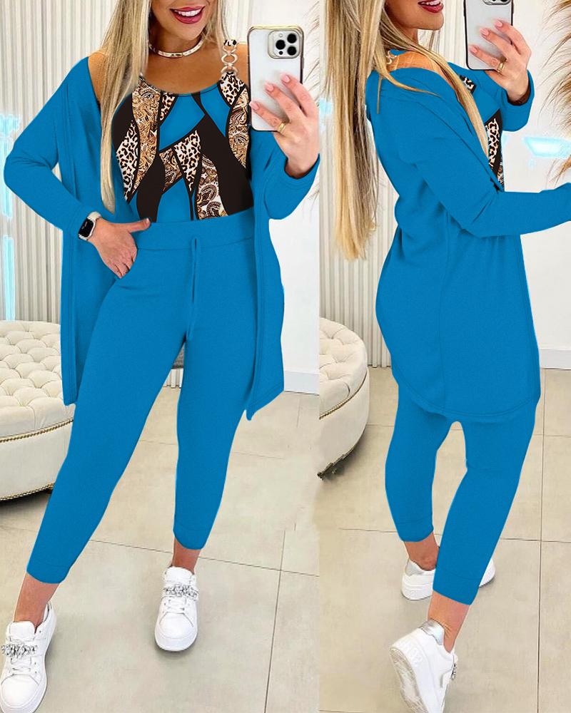 

Baroque Leopard Print Chain Decor Tank Top & Pants Set With Coat, Blue
