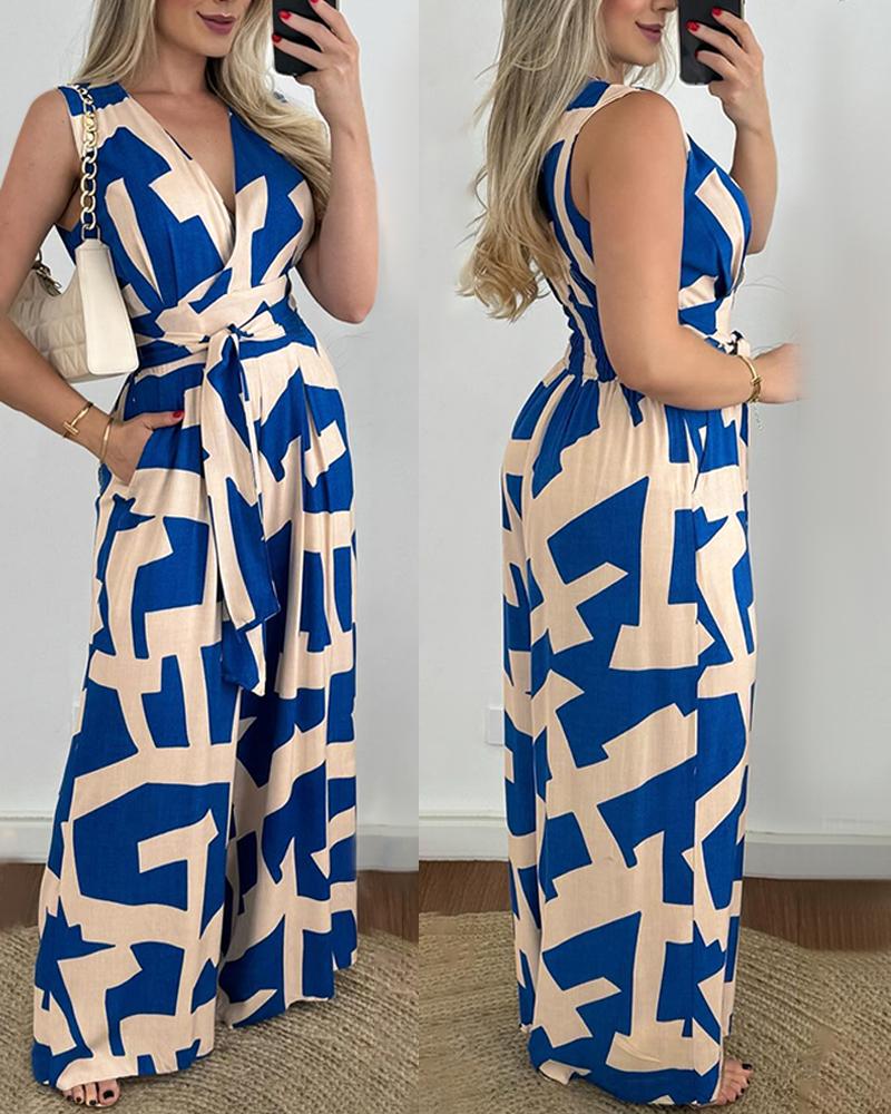 

Geometric Print Tied Detail Wide Leg Jumpsuit, Blue