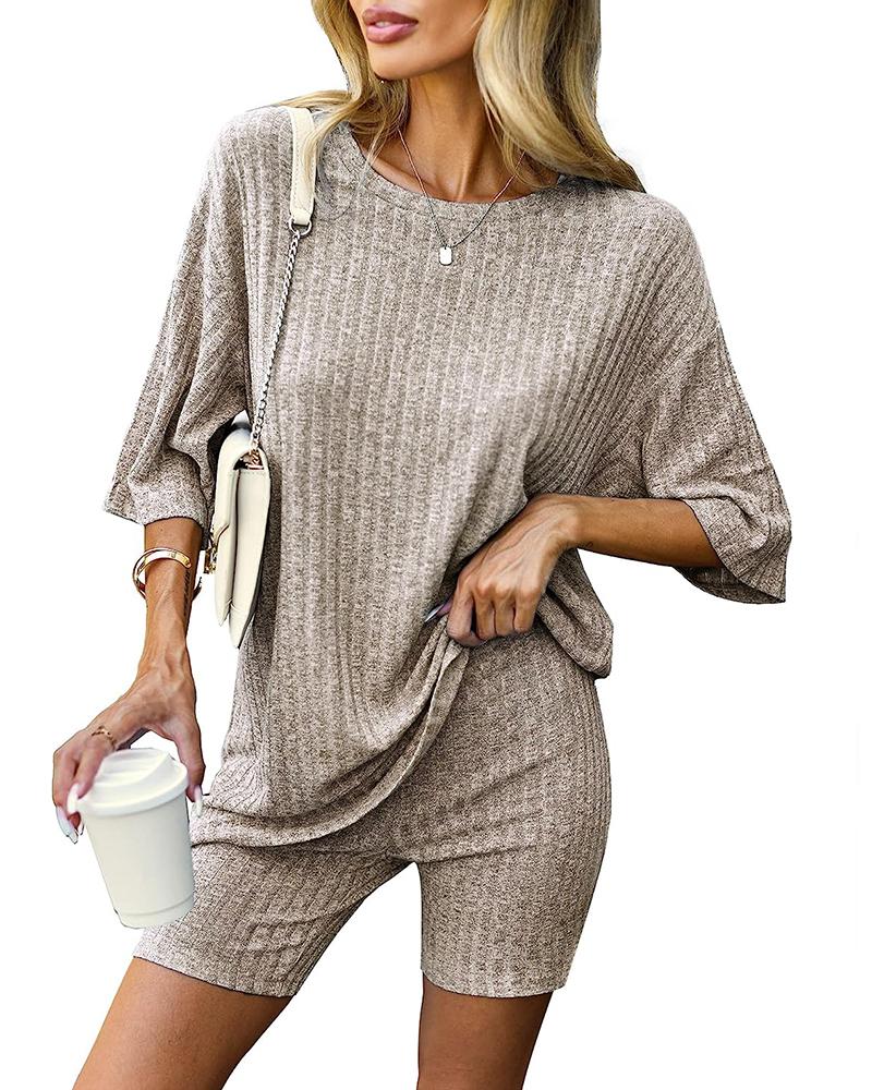 

Ribbed Round Neck Top & Shorts Set, Coffee