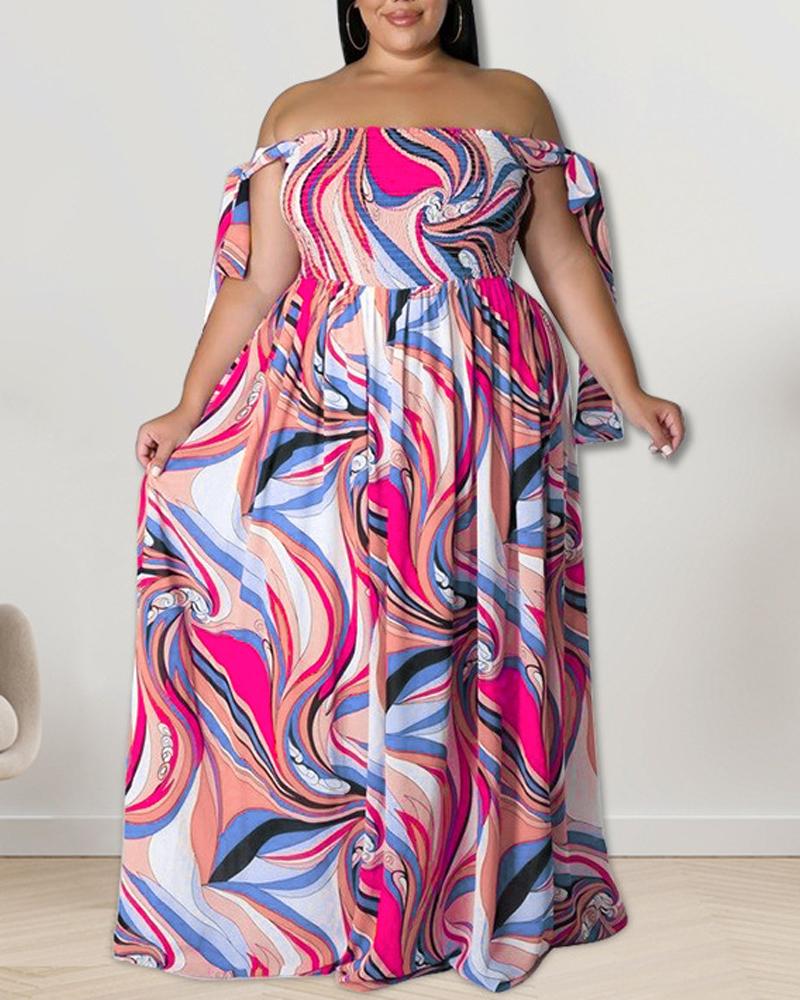 

Plus Size Abstract Print Tied Detail Shirred Maxi Dress, Pink