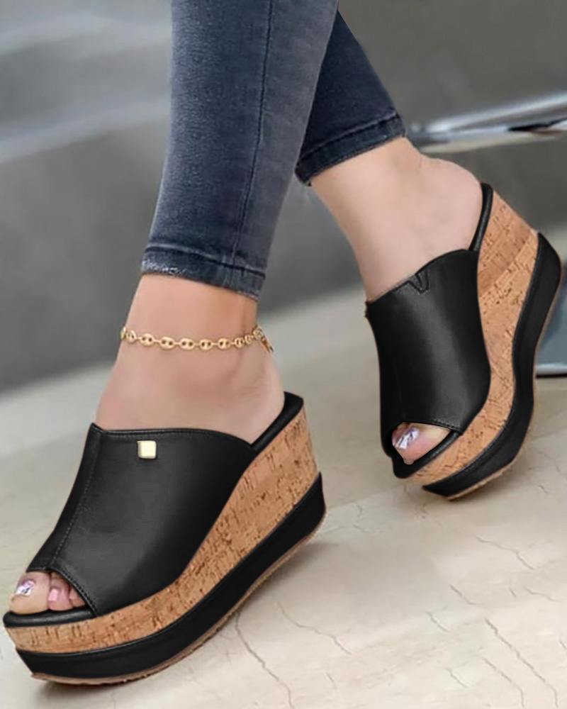 

Contrast Paneled Peep Toe Wedge Shoes, Black