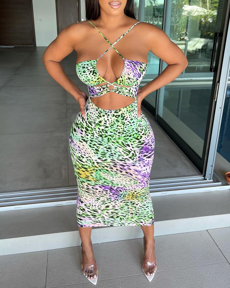 

Cheetah Print Colorblock Halter Cutout Dress, Green