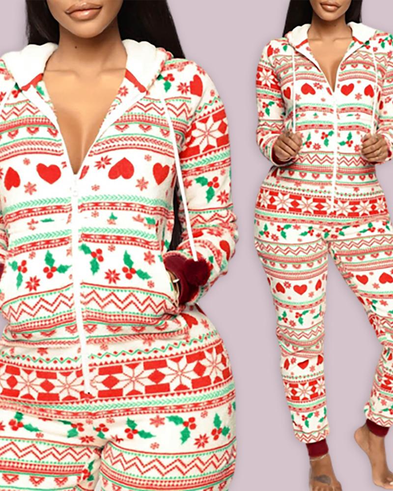 

Christmas Print Long Sleeve Zipper Design Jumpsuit, White