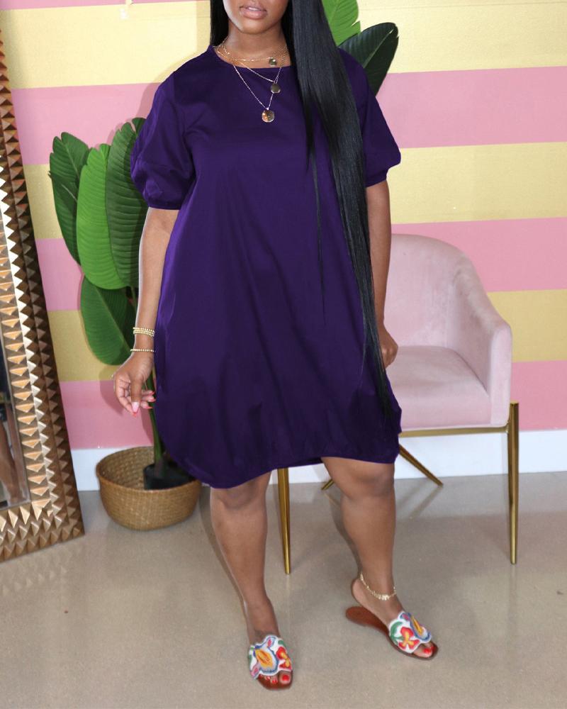 

Plus Size Plain Short Sleeve Casual Dress, Purplish blue