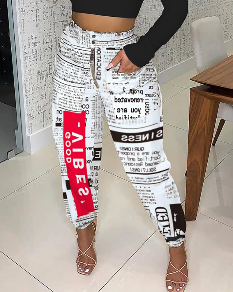 

Newspaper Print Zipper Pocket Design Shirring Detail Casual Pants, White