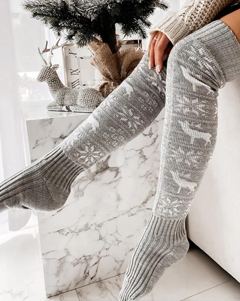 

1Pair Christmas Reindeer Snowflake Pattern Over The Knee Winter Socks, Gray