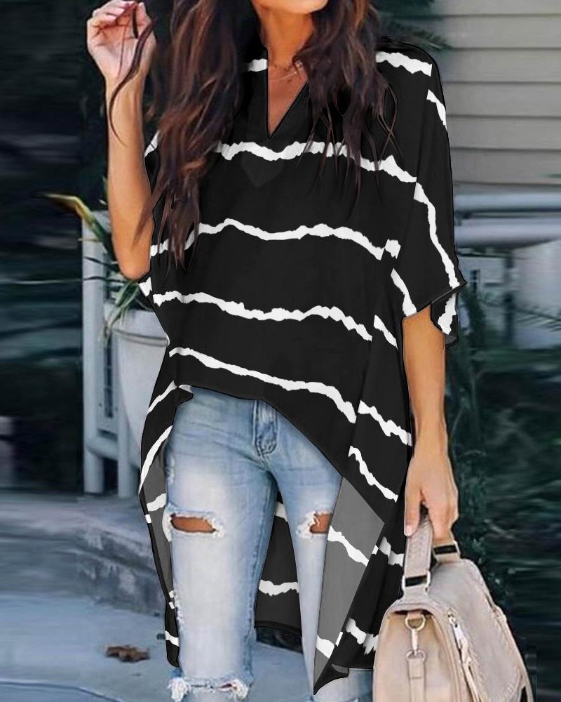

Tie Dye Print Batwing Sleeve High Low Hem Casual Top, Black