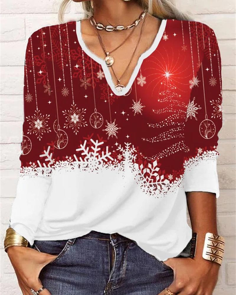 

Christmas Snowflake Print Long Sleeve Casual Top, Red