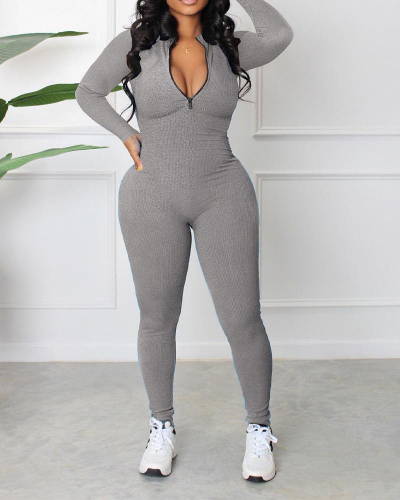 

Long Sleeve Zip Front Ribbed Jumpsuit, Gray