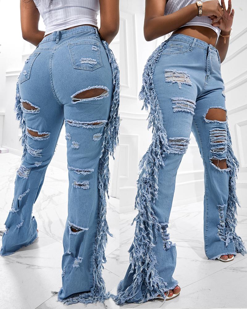 

High Waist Ripped Cutout Fringe Jeans, Lighted blue