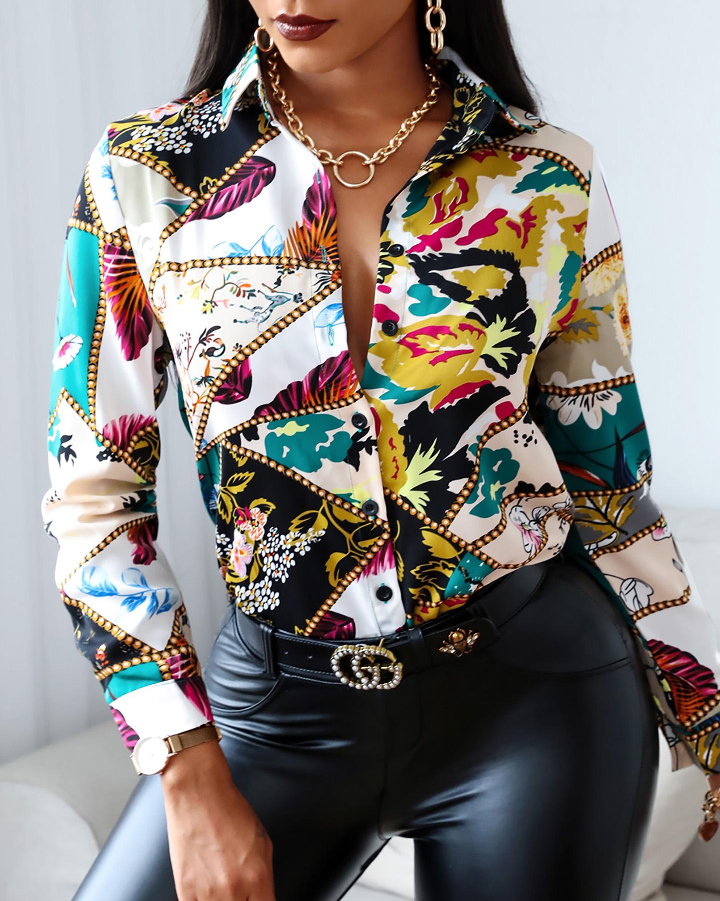 

Scarf Floral Print Button Design Shirt, Red