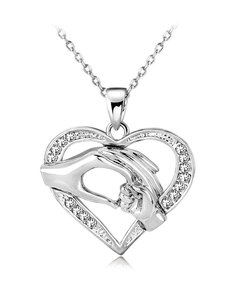 

1pc Mother's Day Mother And Child Hands Rhinestone Heart Shaped Pendant Necklace, Silver