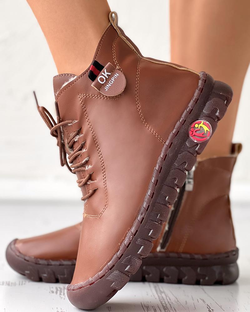 

PU Leather Lace-up Ankle Boots, Brown