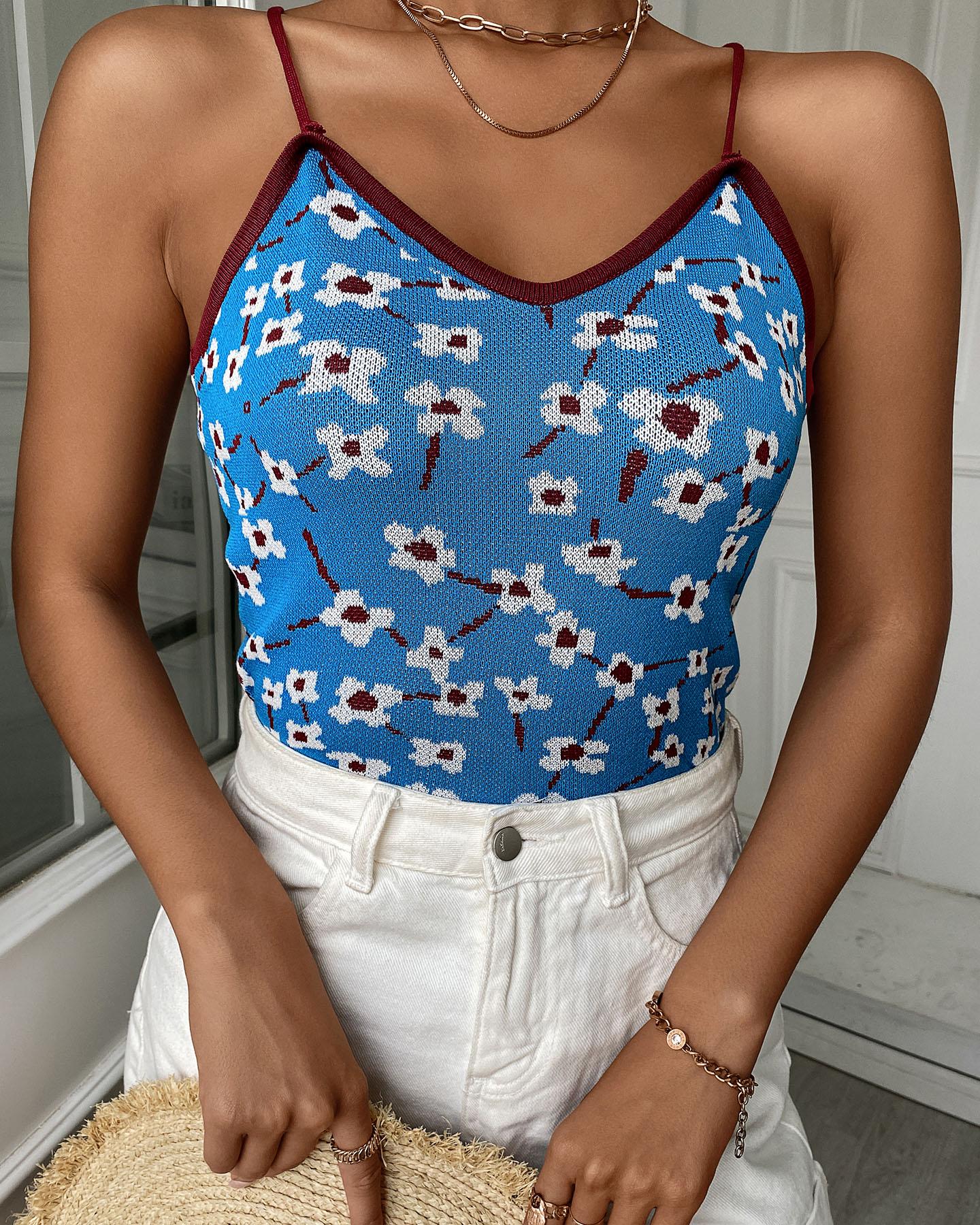 

Spaghetti Strap Floral Print Colorblock Knit Top, Blue