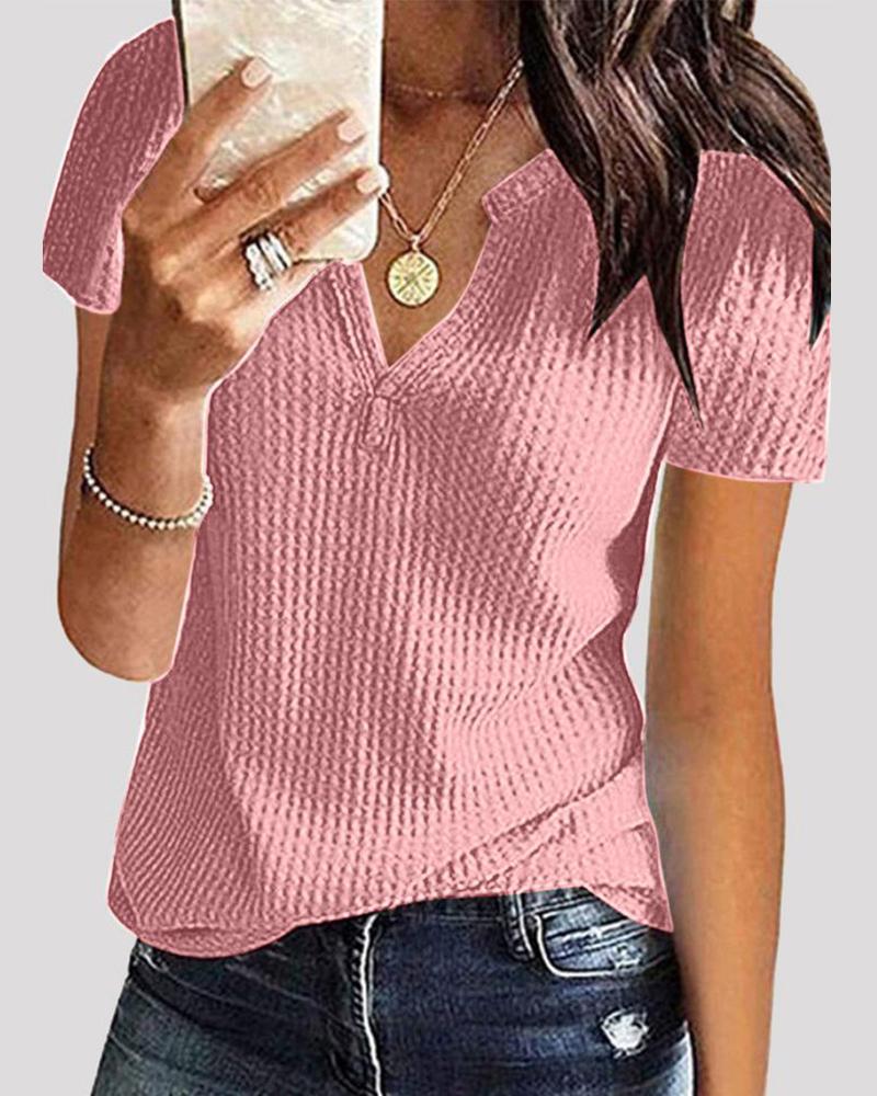 

Notch Neck Waffle Knit Top, Pink