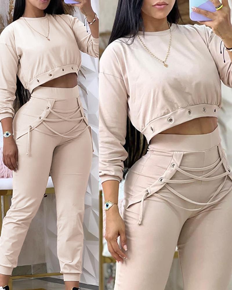 Eyelet Sweatshirt & Lace-up Cuffed Sweatpants Set