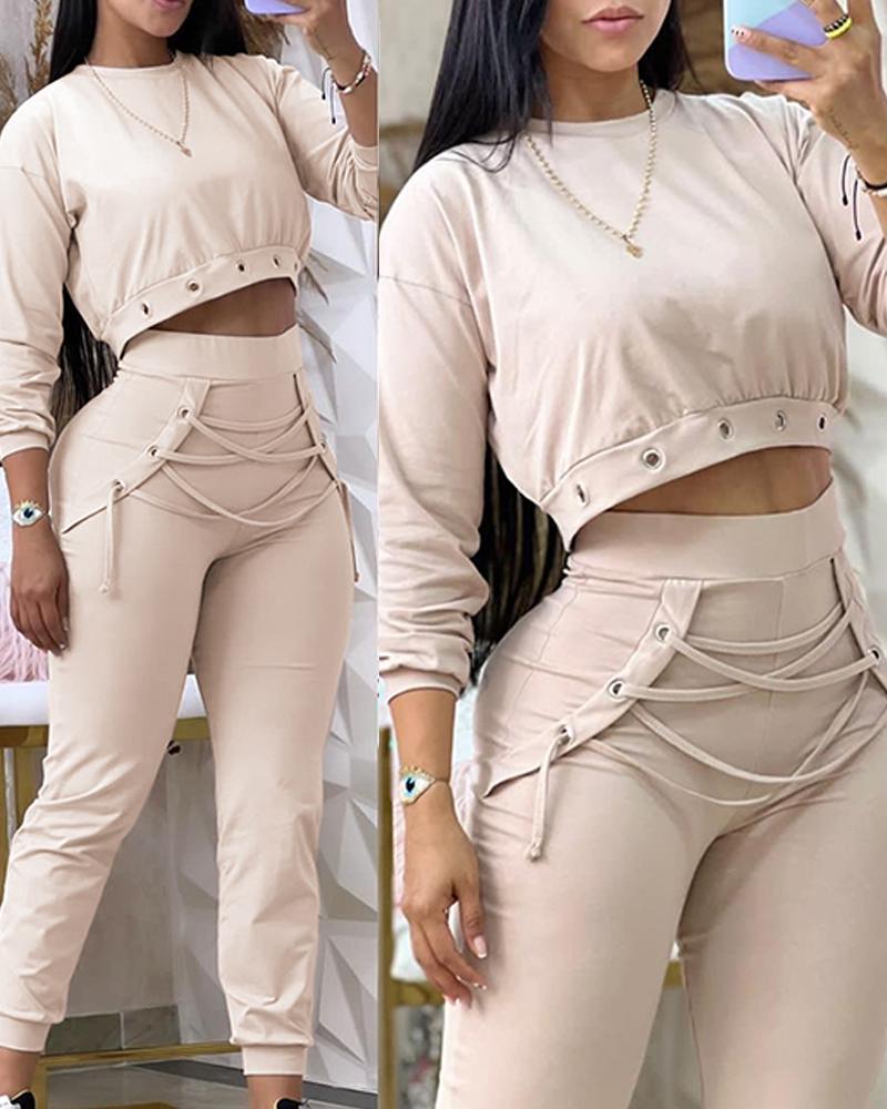 

Eyelet Sweatshirt & Lace-up Cuffed Sweatpants Set, Apricot