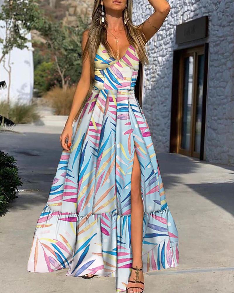

V-neck Leaf Print High Slit Maxi Dress, Multicolor