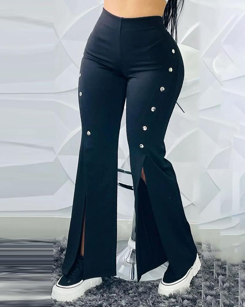 

High Waist Button Decor Slit Bootcut Pants, Black