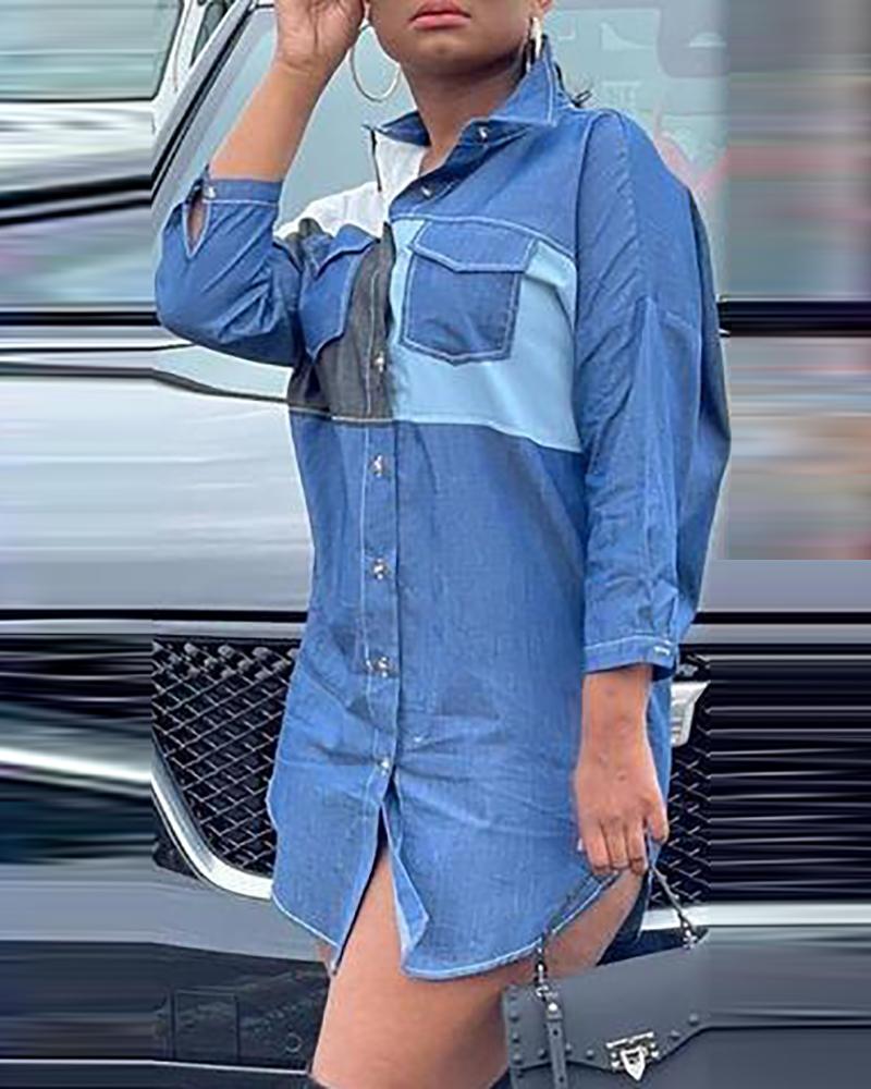 

Colorblock Button Pocket Design Denim Shirt, Blue