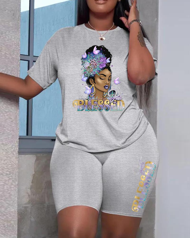 

Plus Size Just Blessed Figure Print Casual T-shirt & Shorts Set, Gray