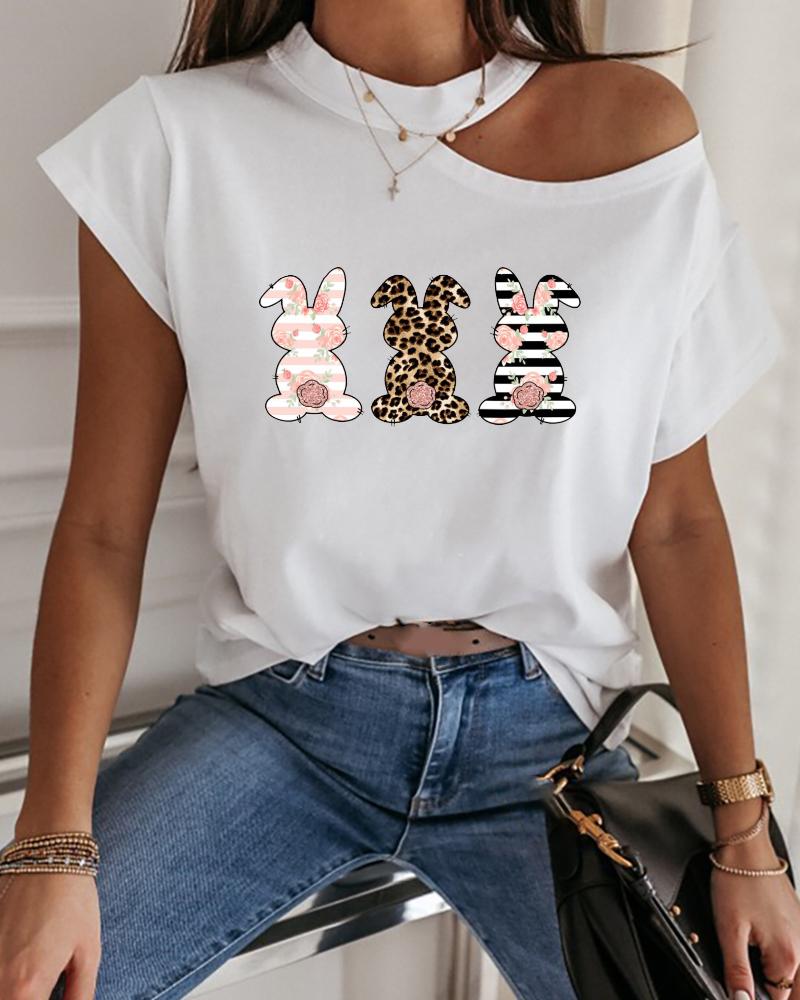 

Happy Easter Bunny Print Cold Shoulder T-shirt, White