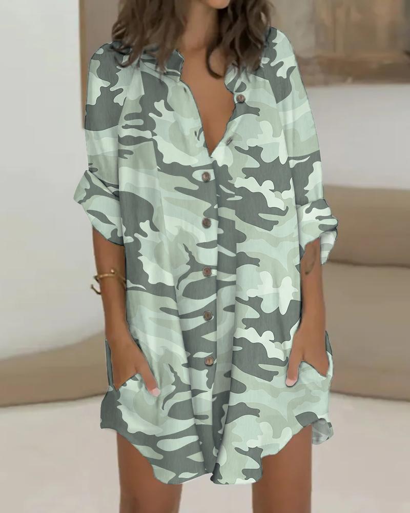

Camouflage Print Button Pocket Design Shirt Dress, Camoflage