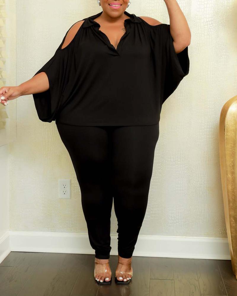 

Plus Size Cold Shoulder Top & Pants Set, Black