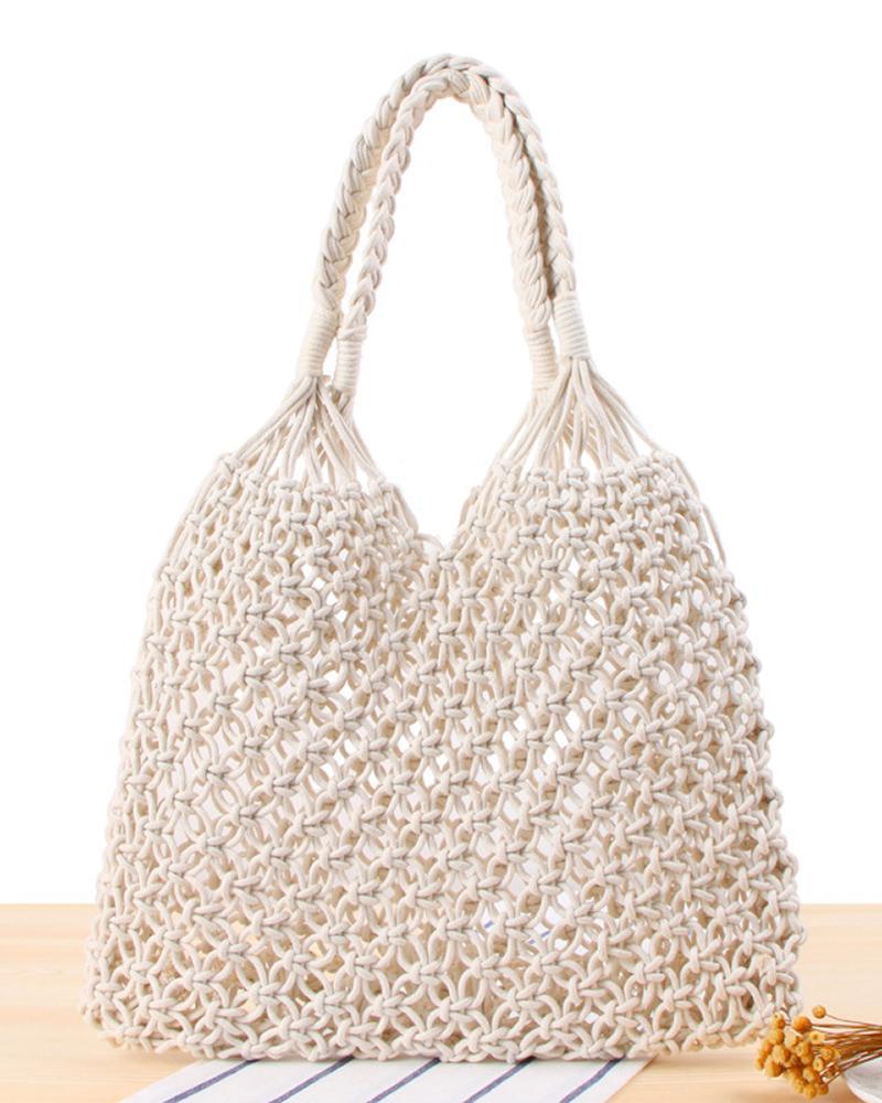 

Crochet Braided Hollow Out Beach Handbag, White