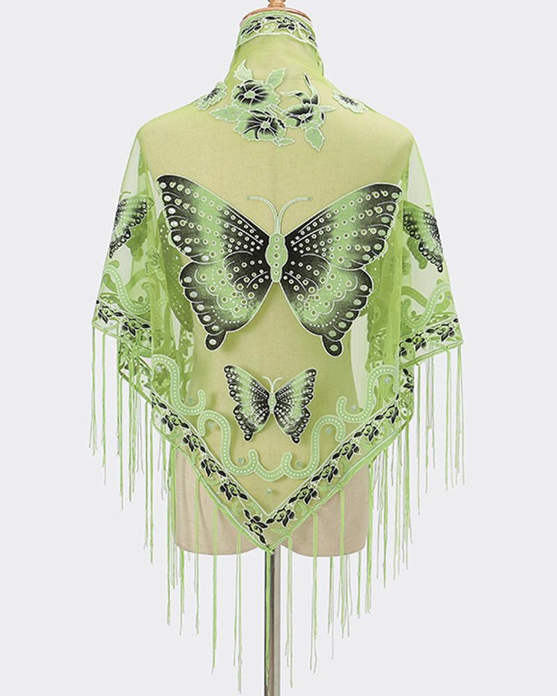 

Triangle Scarf Butterfly Flower Embroidery Lace Tassel Shawl Elegant Breathable Windproof Wrap Outdoor Accessories, Green