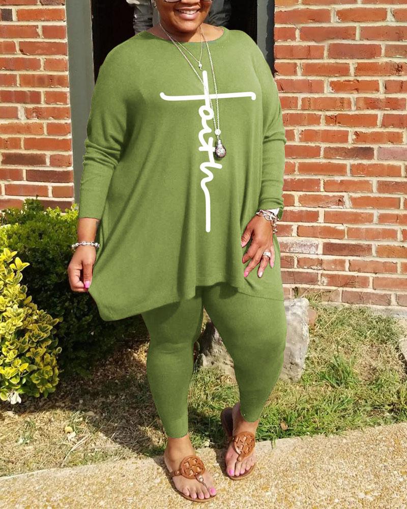 

Plus Size Letter Print Long Sleeve Top & Pants Set, Green