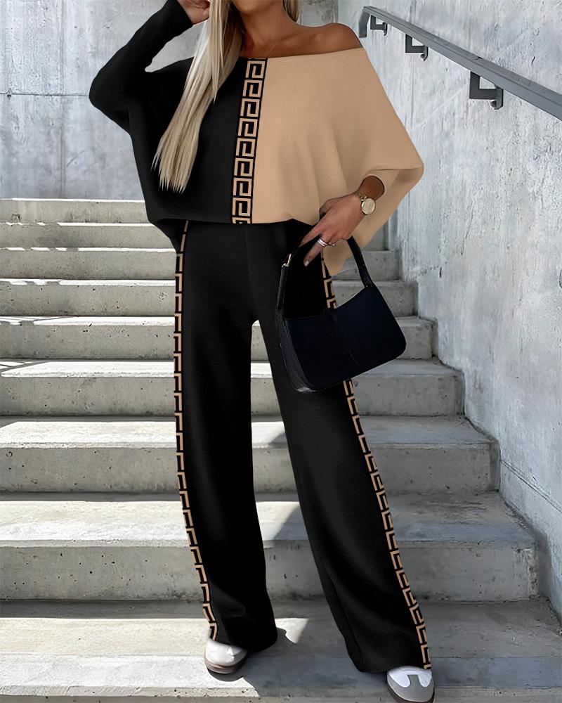 

Geometric Print Colorblock Skew Neck Top & Pants Set, Brown