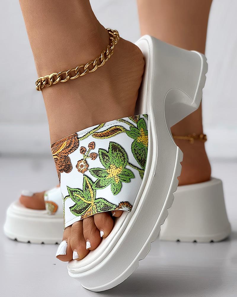 

Floral Embroidery Platform Wedge Slippers, White&green