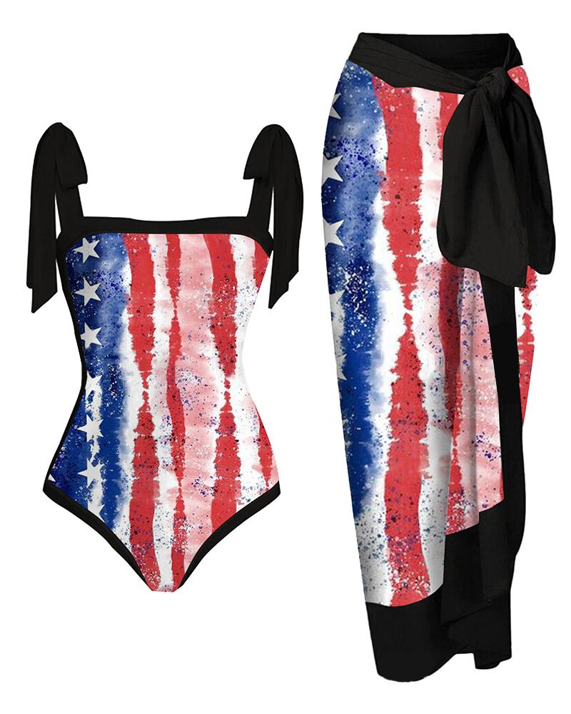 

Independence Day Flag Tie Dye Print One Piece Swimsuit With Cover Up, Black