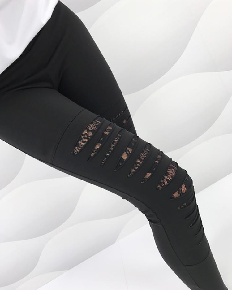 

Ladder Cut Out Lace Patchwork Skinny Pants, Black